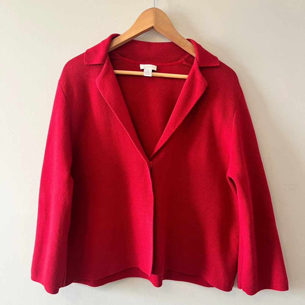 Chico's Collared Cardigan Sweater Classic Red Size L 100% Cotton Snap Front